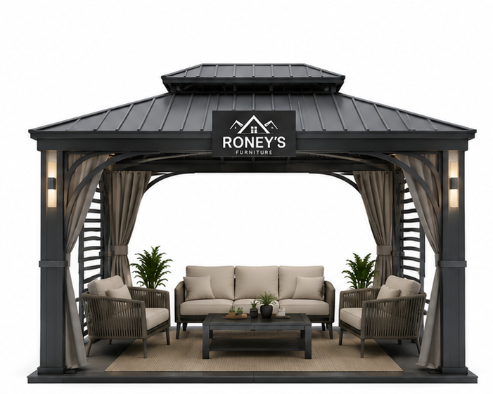 033_setB_image1_1_topleft Roney's Furniture Modern Black Gazebo with Curtains and Outdoor Furniture Set - Image 1