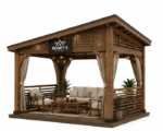 Roney's Furniture Modern Wood-Tone Gazebo with Curtains and Outdoor Furniture Set - Image 2