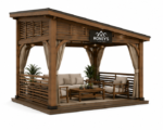 Roney's Furniture Modern Wood-Tone Gazebo with Curtains and Outdoor Furniture Set - Image 3