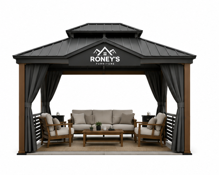 041_setB_image3_1_topleft Roney's Furniture Modern Black and Wood Gazebo with Curtains - Image 1