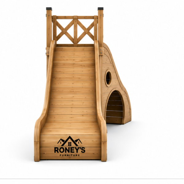 Roney's Furniture Wooden Play Tower with Dual Slides, Tunnel, and Round Windows