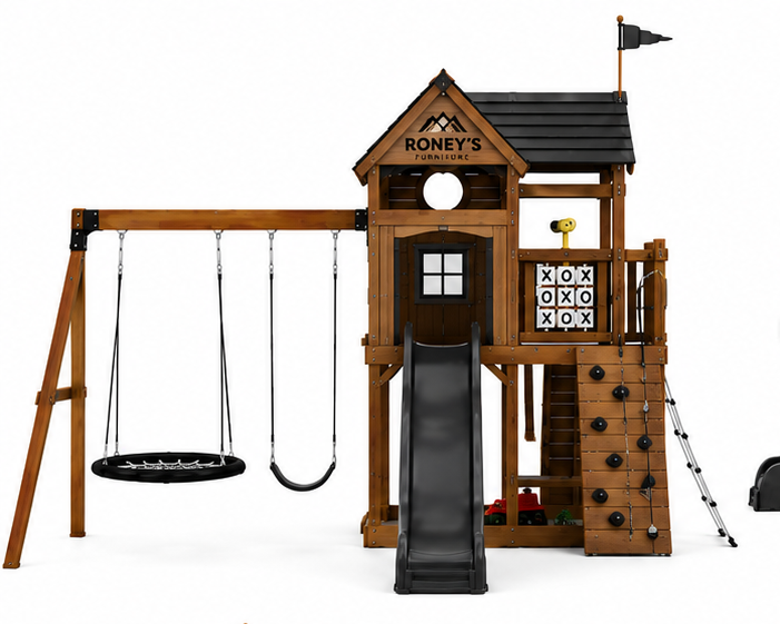 061_setC_image1_1_topleft Roney's Furniture Wooden Swing Set with Tower, Tube Slide, Rock Wall, and Picnic Table, Black Trim - Image 1