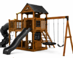 Roney's Furniture Wooden Swing Set with Tower, Tube Slide, Rock Wall, and Picnic Table, Black Trim - Image 2