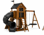 Roney's Furniture Wooden Swing Set with Tower, Tube Slide, Rock Wall, and Picnic Table, Black Trim - Image 3