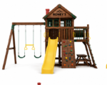 Roney's Furniture Wooden Swing Set with Two-Story Tower, Slide, and Play Panels, Blue Trim