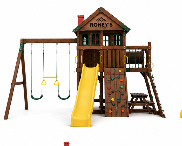 065_setC_image2_1_topleft Roney's Furniture Wooden Swing Set with Two-Story Tower, Slide, and Play Panels, Blue Trim - Image 1