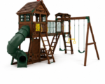Roney's Furniture Wooden Swing Set with Two-Story Tower, Slide, and Play Panels, Blue Trim - Image 3