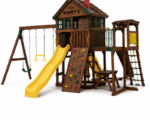 Roney's Furniture Wooden Swing Set with Two-Story Tower, Slide, and Play Panels, Blue Trim - Image 4