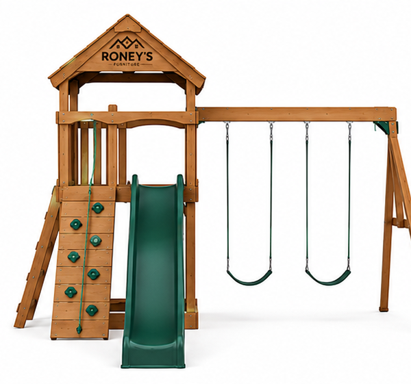 Roney's Furniture Wooden Swing Set with Rock Wall, Slide, and Swing Beam