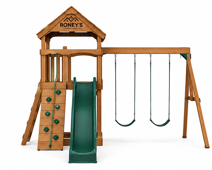 069_setC_image3_1_topleft Roney's Furniture Wooden Swing Set with Rock Wall, Slide, and Swing Beam - Image 1