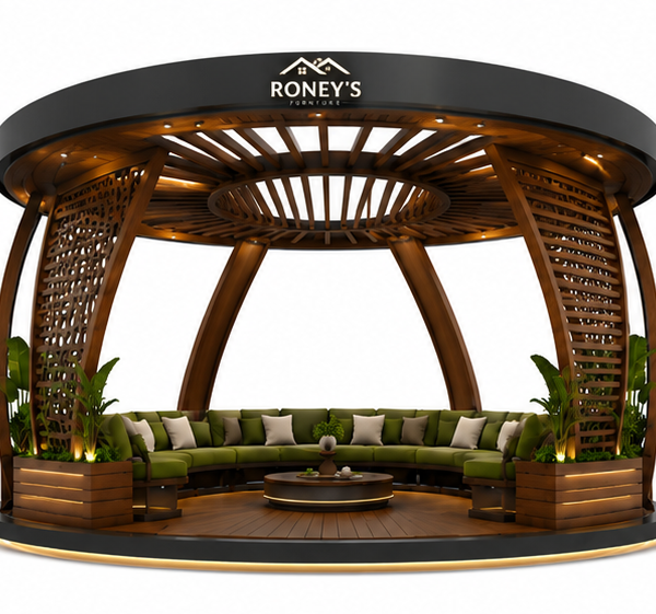Roney's Furniture Round Wood-Slat Outdoor Gazebo Lounge with Seating
