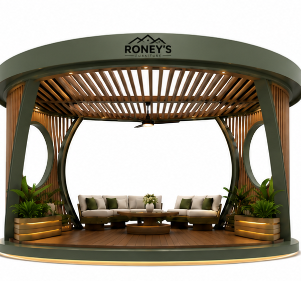 Roney's Furniture Round Wood-Slat Gazebo Lounge with Circular Window Cutouts