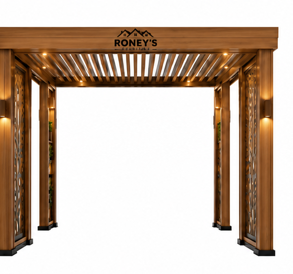 Roney's Furniture Square Wood Pergola with Decorative Slat Panels and Lighting