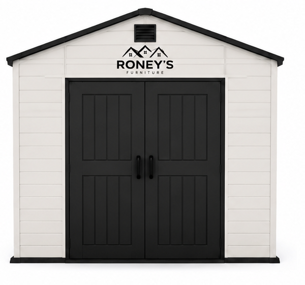 Roney's Furniture Outdoor Storage Shed with Double Doors, White and Black