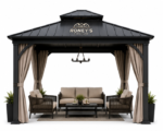 Roney's Furniture Modern Black Gazebo with Tan Curtains and Furniture Set