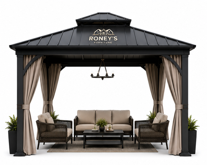 097_setC_image10_1_topleft Roney's Furniture Modern Black Gazebo with Tan Curtains and Furniture Set - Image 1