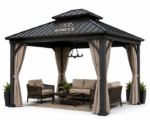 Roney's Furniture Modern Black Gazebo with Tan Curtains and Furniture Set - Image 2