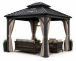 Roney's Furniture Modern Black Gazebo with Tan Curtains and Furniture Set - Image 3