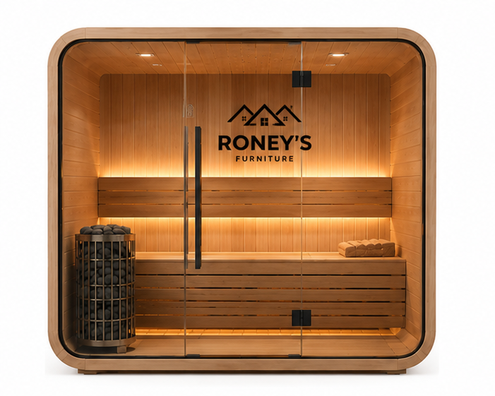 113_setC_image14_1_topleft Roney's Furniture Rounded Cube Outdoor Sauna, Natural Wood Finish - Image 1