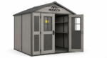 Roney's Furniture Gable-Roof Storage Shed with Shelving Interior, Gray-Wood Finish