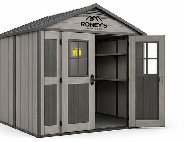Roney's Furniture Gable-Roof Storage Shed with Shelving Interior, Gray-Wood Finish