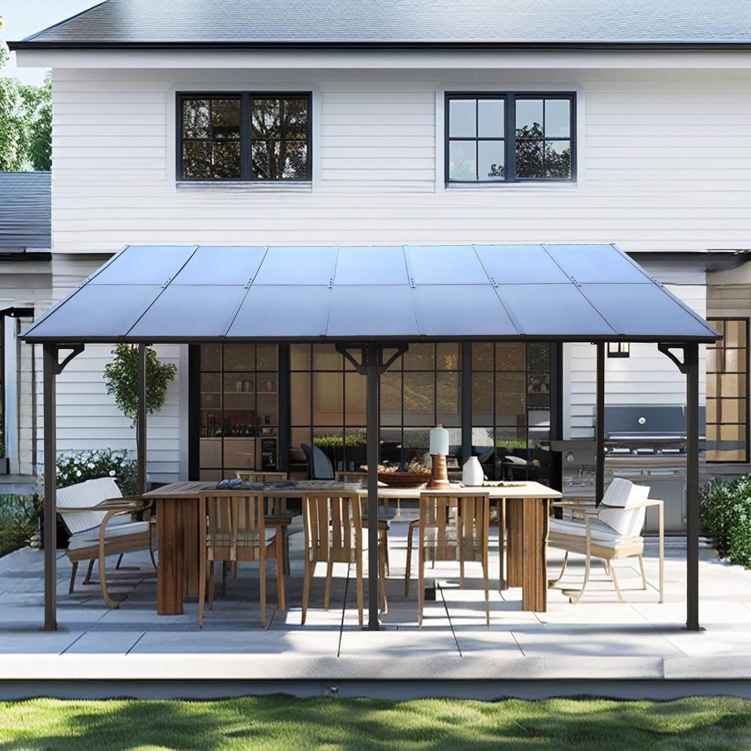 1db-5.jpg 10×14 FT Outdoor Metal Flexible Top Lean to Gazebo Pergola with Sloped Roof, Heavy Duty Wall-Mounted Patio Awnings with Powder-Coated Steel Frame, for Lawn, Garden, Backyard and Deck, Grey - Image 1