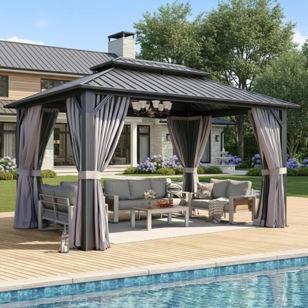 Gazebo 10×14 Hardtop Gazebo with Double Galvanized Steel Roof, Gray | Metal Frame Outdoor Pavilion with Breathable Netting and Privacy Curtain for Backyard