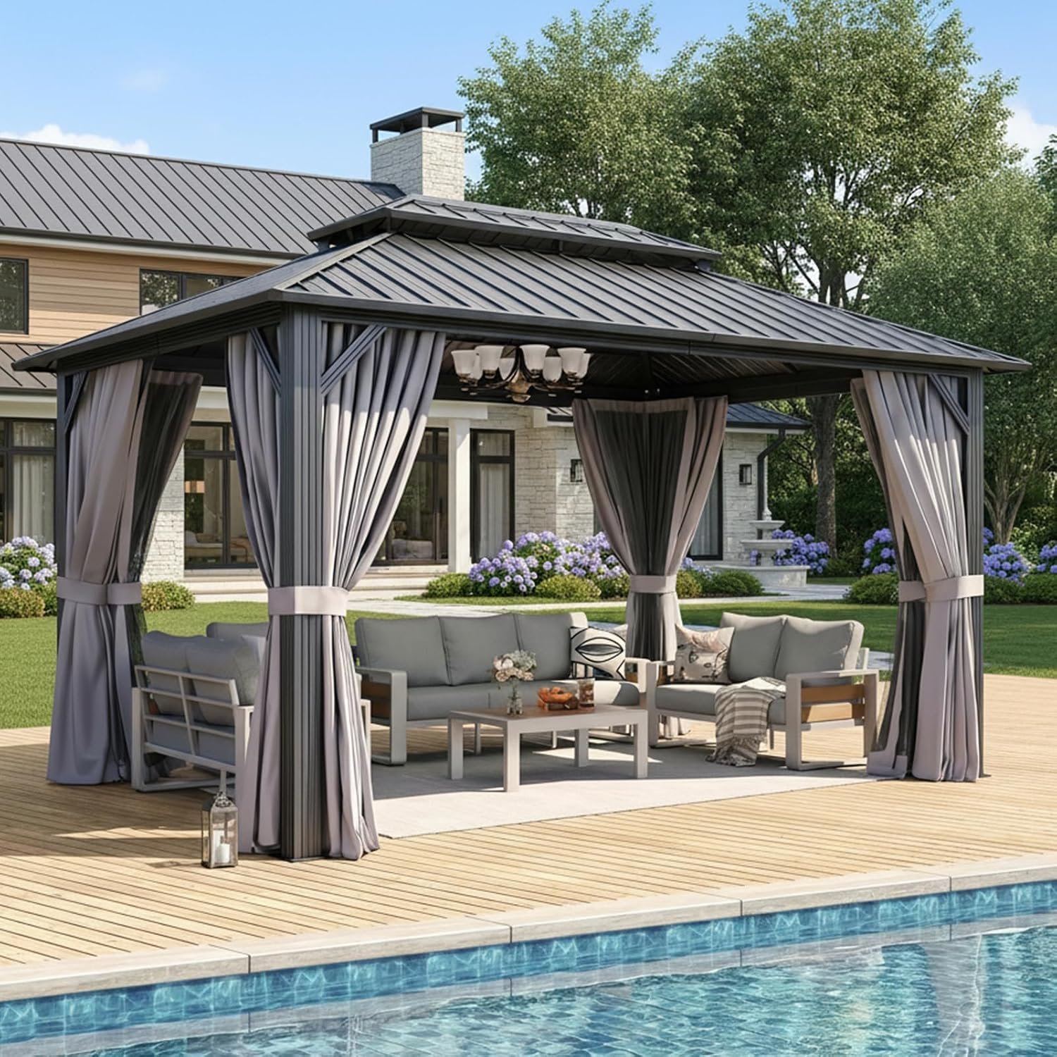 1db-6.jpg Gazebo 10×14 Hardtop Gazebo with Double Galvanized Steel Roof, Gray | Metal Frame Outdoor Pavilion with Breathable Netting and Privacy Curtain for Backyard - Image 1