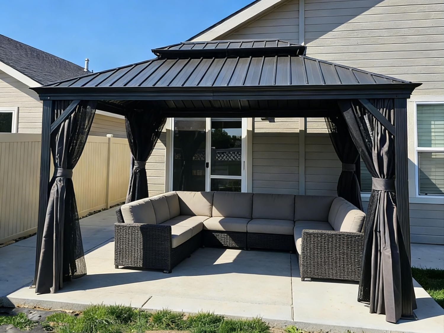 1db-7.jpg Gazebo 10′ X 14′ Built-in Drainage System, Gray | 4.7″ Thick Post, Built in Drainage, Windproof Cool Breeze, Snowproof & Rustproof, 260 GSM Textilene Netting, Fit Any Yard - Image 1