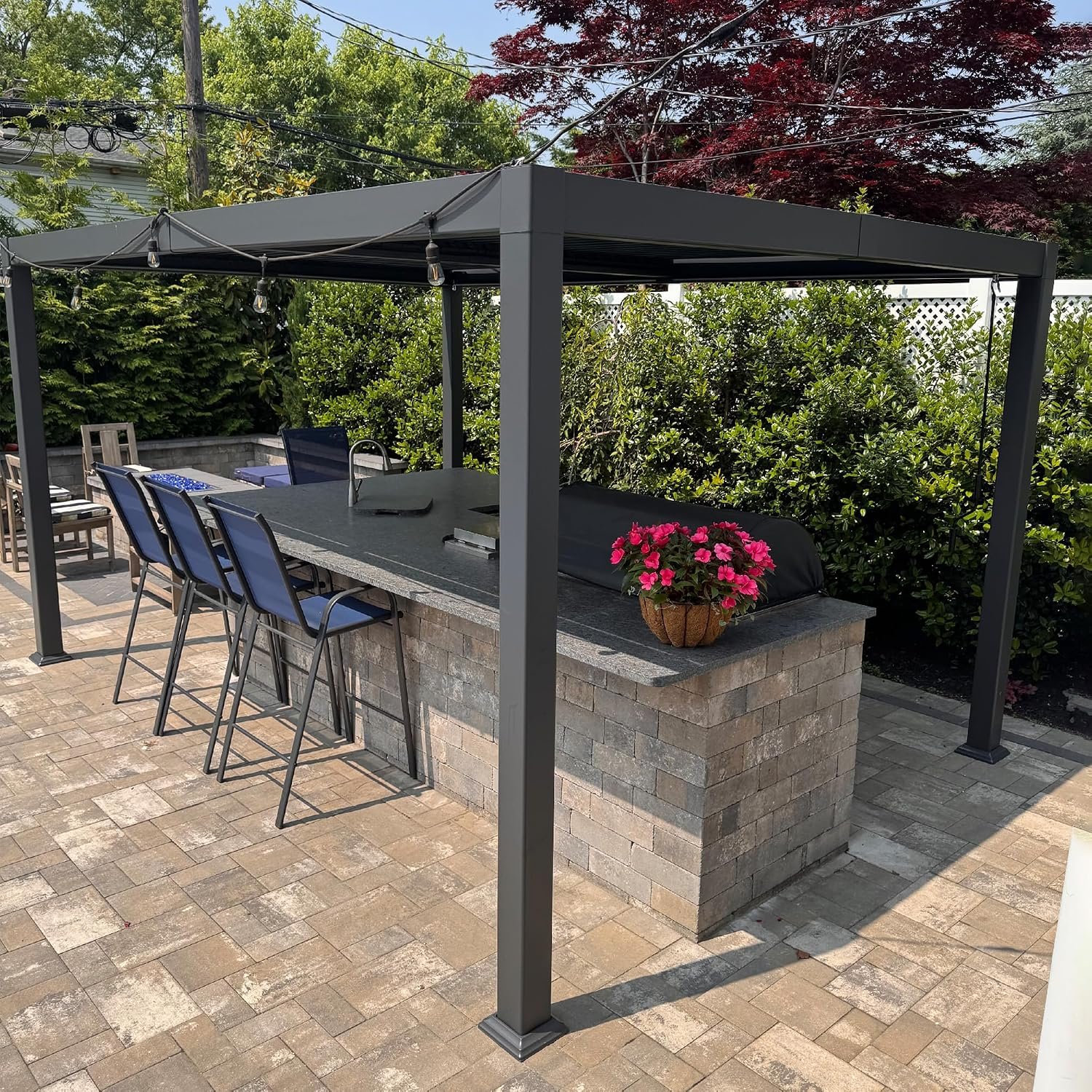 2db-9.jpg Louvered Pergola 10′ x 14′ Aluminum Pergola w/Independent Roof | 70 mph for stability, Reinforced beams add strength, Hidden drainage keeps dry, Independent louvers customize shade - Image 1