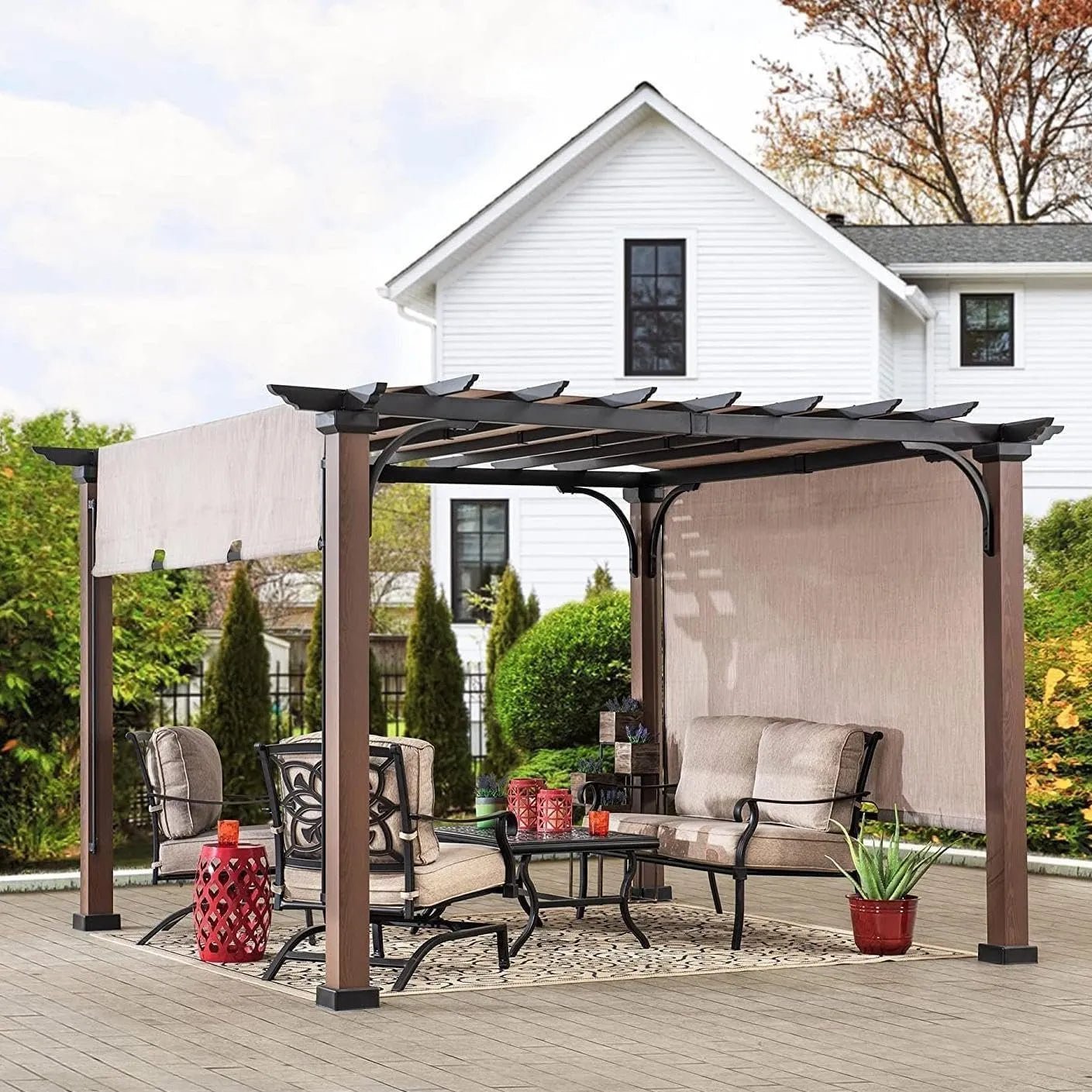 81AQsJrfBwL._AC_SL1409.jpg Sunjoy 11 x 11 ft Metal Pergola with Adjustable Tan Garden Shade - Image 1