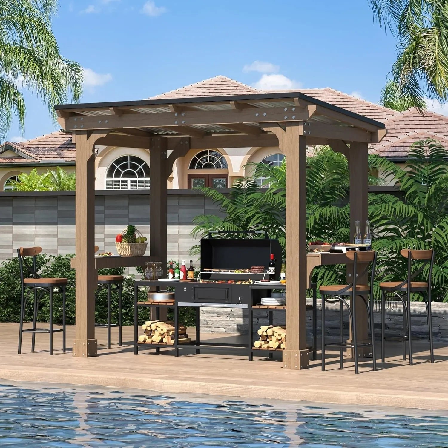 91VMhAEJjzL._AC_SL1500.jpg Veikous D Wooden Grill Gazebo Outdoor with Steel Roof - Image 1