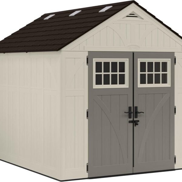 Suncast 8×10 Ft. Outdoor Storage Shed – Large Resin Outdoor Shed with Floor Included, Lockable Double Doors & Skylights. 547 Cu Ft Tremont Garden Resin Sheds for Lawn Tools, Riding Mowers, & Bikes