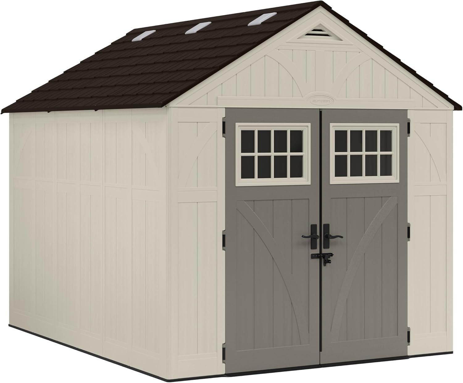 db1.jpg Suncast 8×10 Ft. Outdoor Storage Shed – Large Resin Outdoor Shed with Floor Included, Lockable Double Doors & Skylights. 547 Cu Ft Tremont Garden Resin Sheds for Lawn Tools, Riding Mowers, & Bikes - Image 1