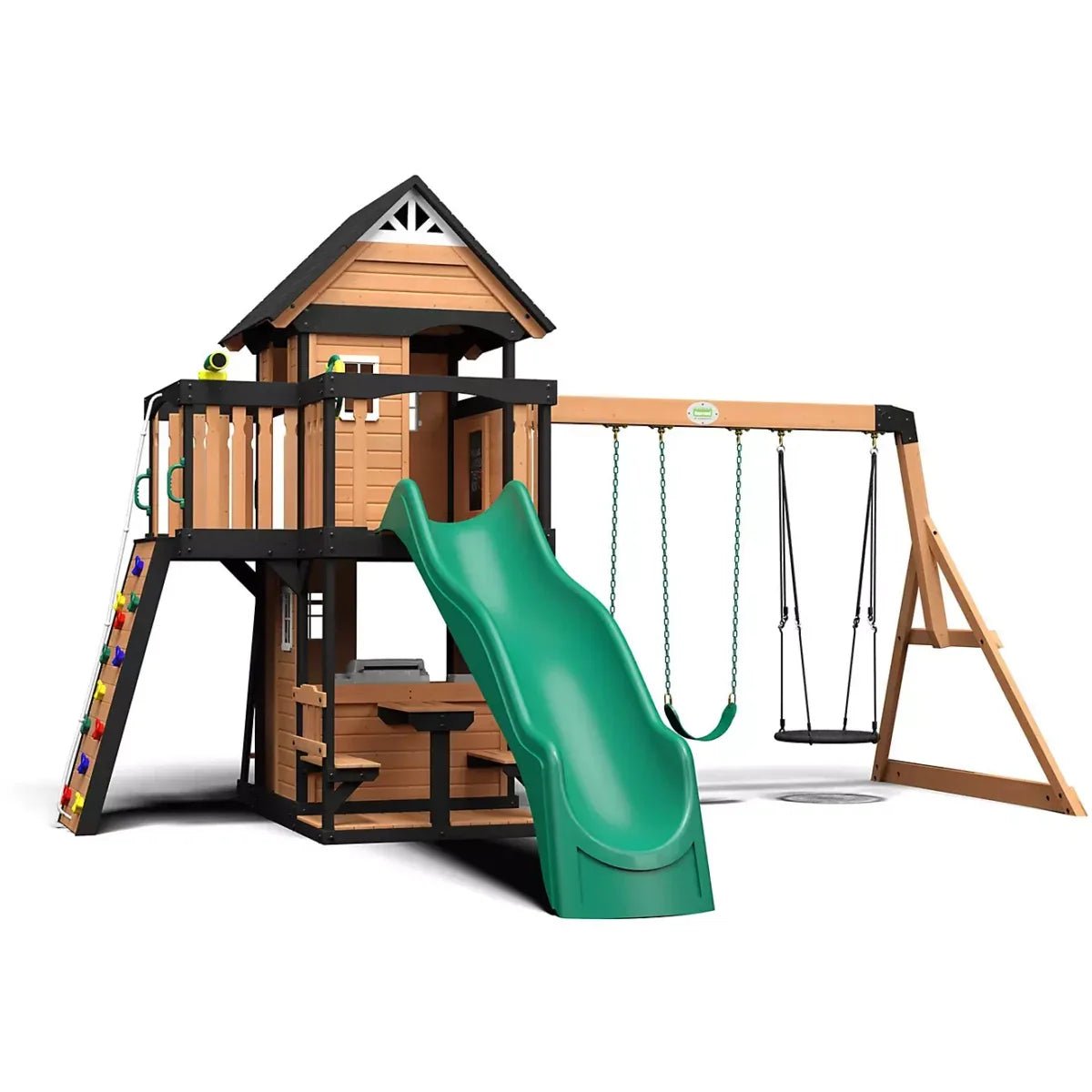 fashodre-llc-fashodre-backyard-discovery-canyon-creek-swing-set-01-20260404144947-2d44aff7.jpg Backyard Discovery Canyon Creek Wooden Swing Set with Slide and Rock Wall - Image 1