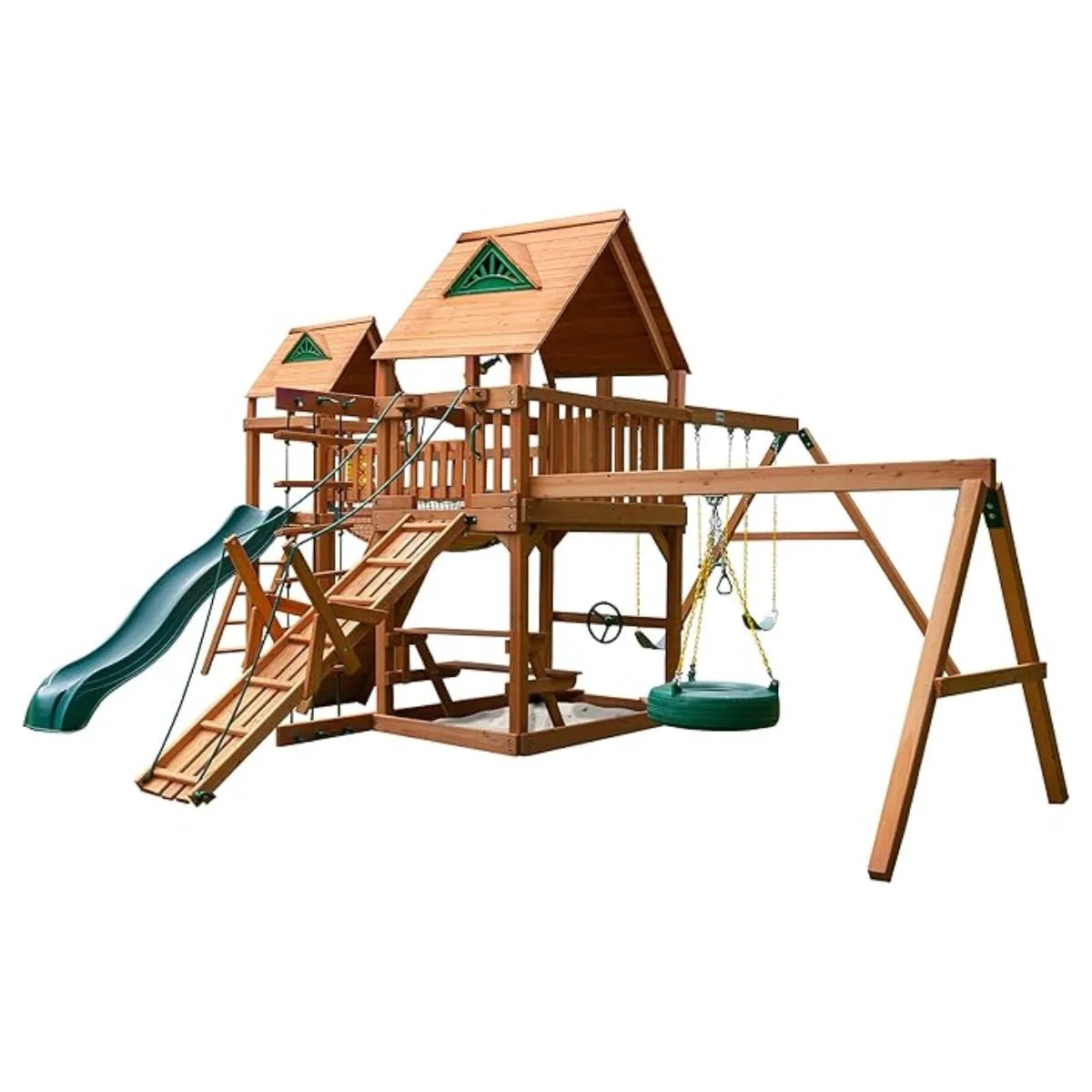 fashodre-llc-fashodre-gorilla-playsets-pioneer-peak-treehouse-wooden-swing-set-tire-swing-01-20260404144910-1307237b.jpg Gorilla Playsets Pioneer Peak Treehouse Wooden Swing Set with Clatter Bridge & Tire Swing - Image 1
